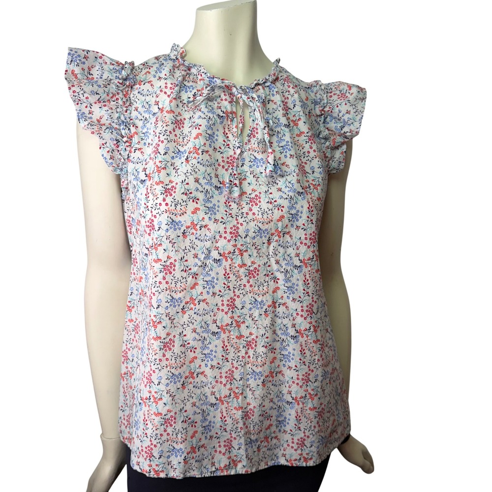 Chaps Ralph lauren Floral Blouse Blue Tassel Peasant Boho Cottagecore Coastal M